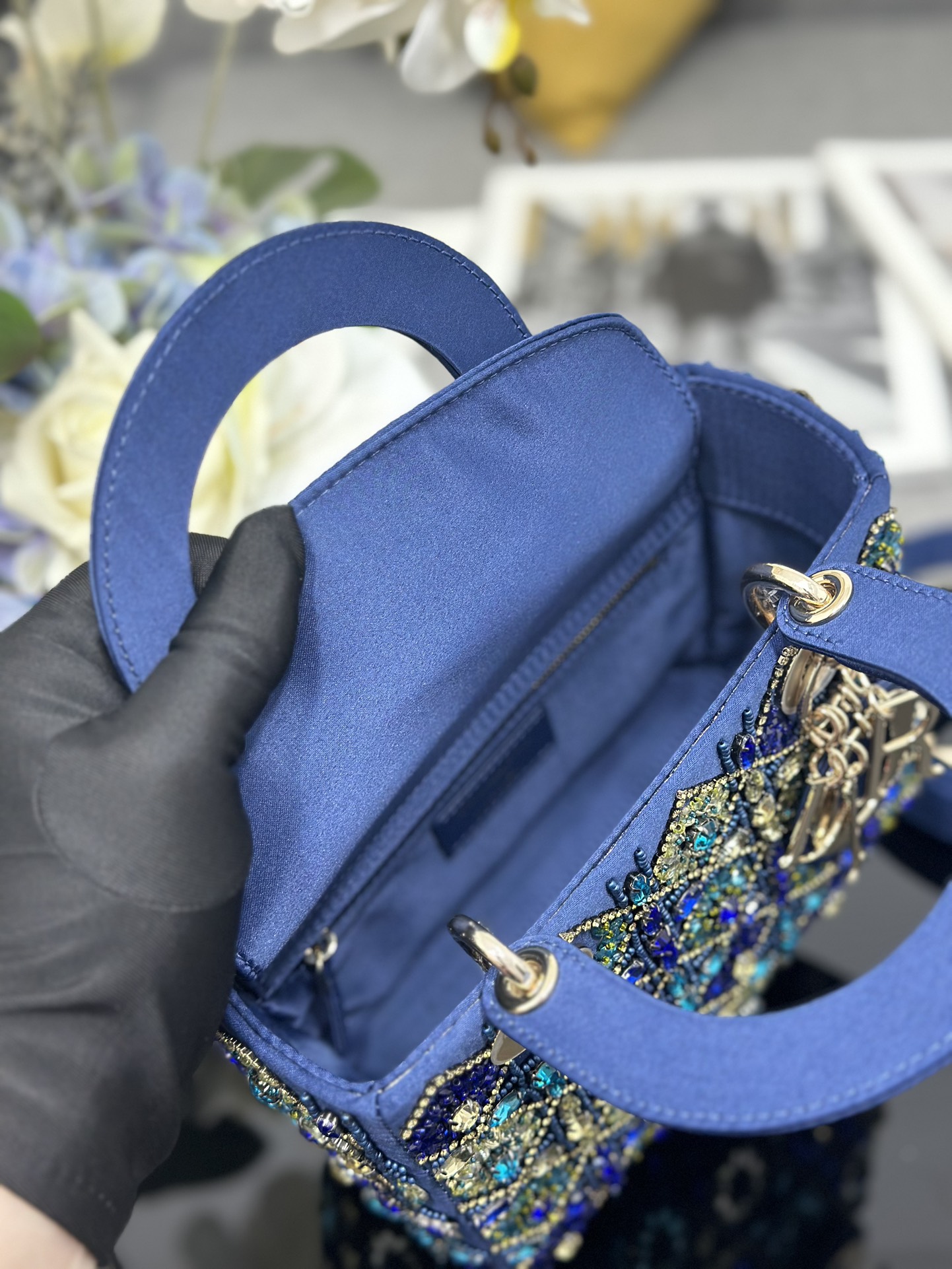 Small Lady Dior Bag Blue Satin Embroidered with Diamond